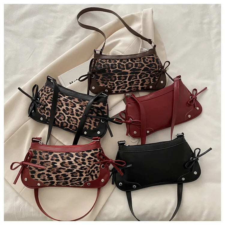 Nouveau sac sous le bras tendance, sac à bandoulière pour femmes, sac à main avec double nœud doux, sac pour dames, style rétro, sac à épaule féminin à motif léopard.