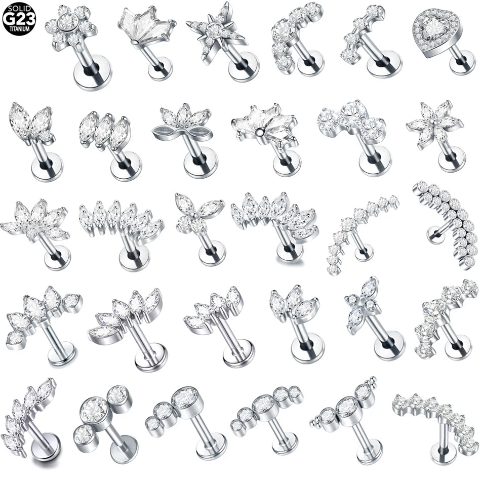 Boucle d'oreille en titane G23, Labret, Tragus, clou, filetage interne, anneaux à lèvres en Zircon, Cartilage Helix, Piercing, bijoux pour le corps, 16G, 1 pièce