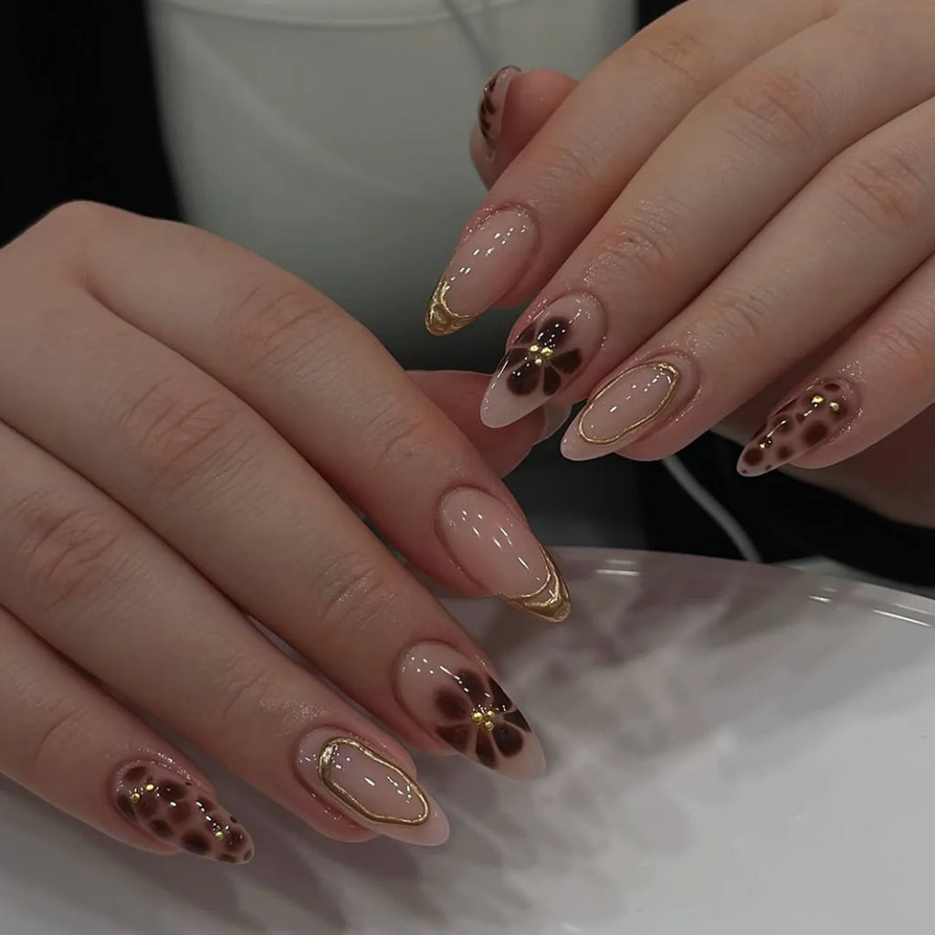 24 pièces de faux ongles à fleurs, style tendance, avec effet dégradé jaune et rose. Ongles portables à couverture complète, forme amande , à poser directement (Press-On Nails).