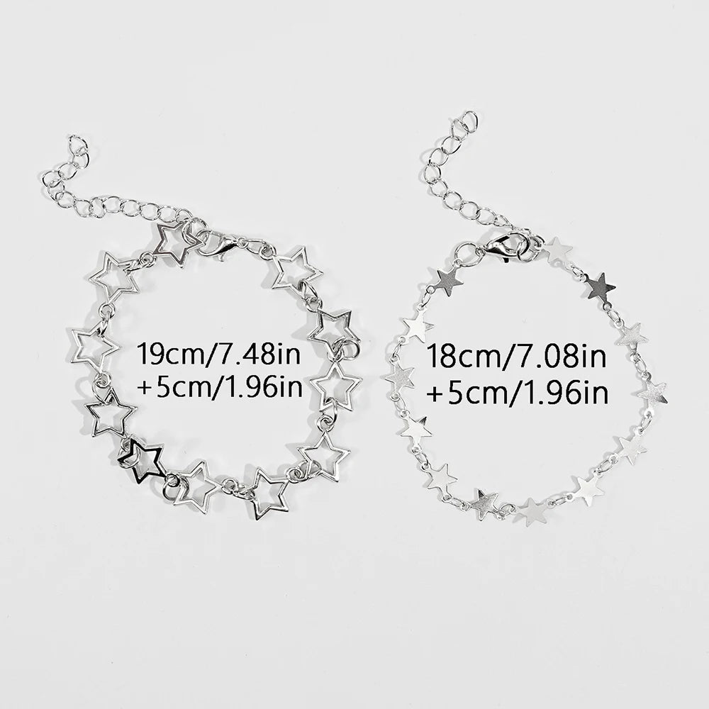 Lot de 2 bracelets Y2K mignons empilables en forme d'étoile, couleur argent, avec chaînes étoiles creuses et solides, pour femme, bijoux esthétique Coquette