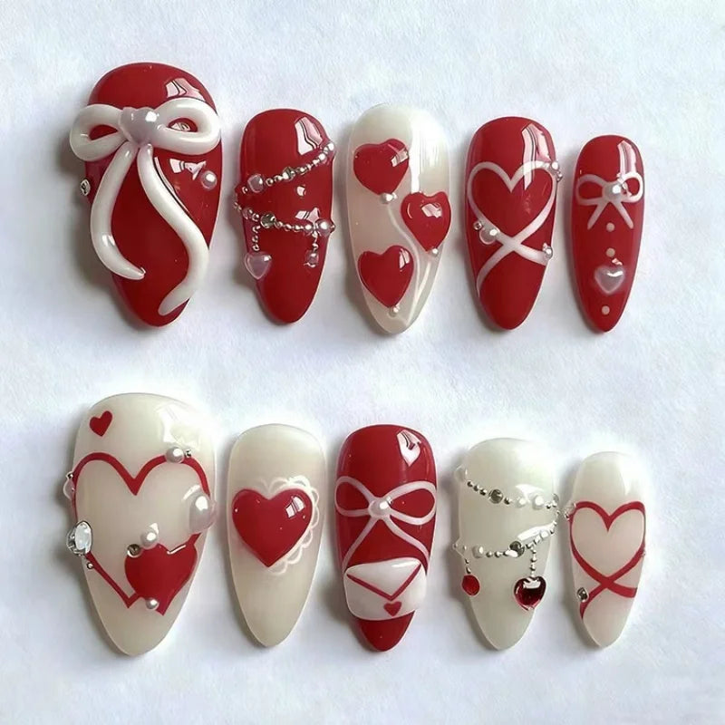 24 pièces doux oeil de chat français presse sur ongles diamant pointu tridimensionnel nœud papillon portable ongles pour femmes et fille amande ongles
