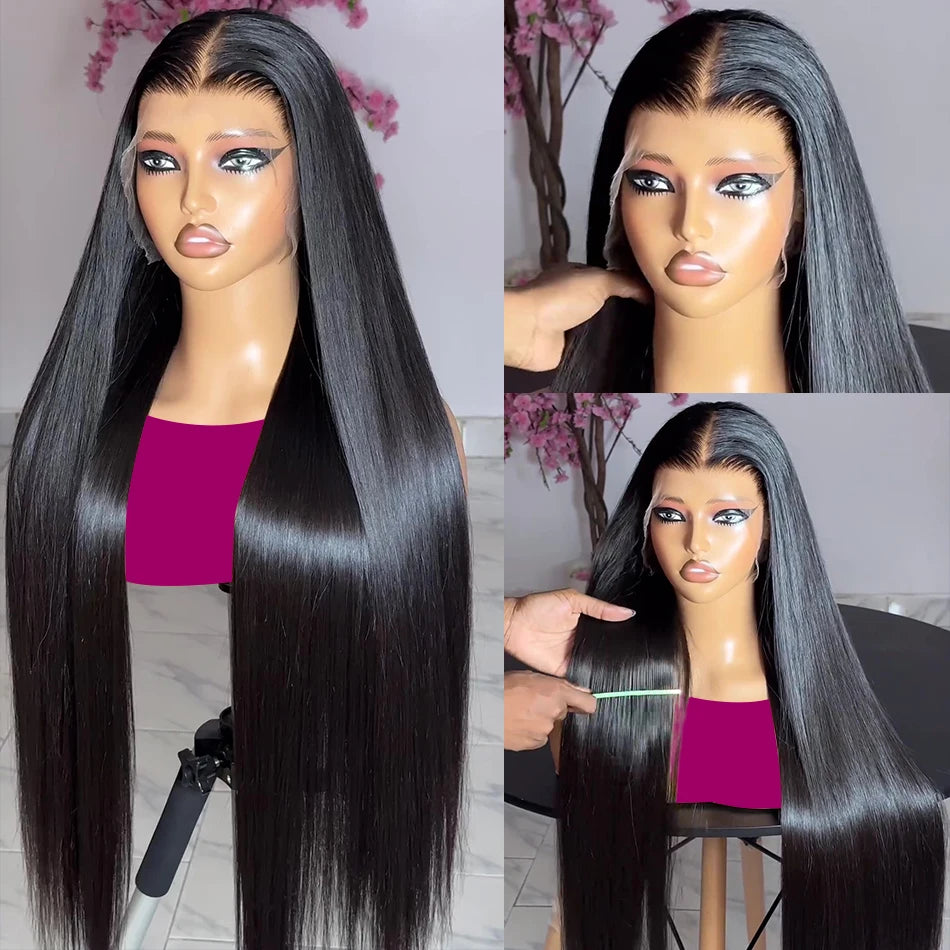 Perruque lisse en cheveux humains 13x4, 13x6, 360 Lace, 4x4 ou 5x5 Closure, pré-épilée avec une densité de 250 %. Disponible de 30 à 40 pouces pour un look ultra-long, volumineux et naturel.