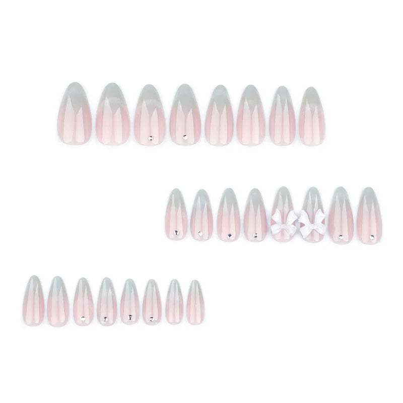 24 pièces doux oeil de chat français presse sur ongles diamant pointu tridimensionnel nœud papillon portable ongles pour femmes et fille amande ongles