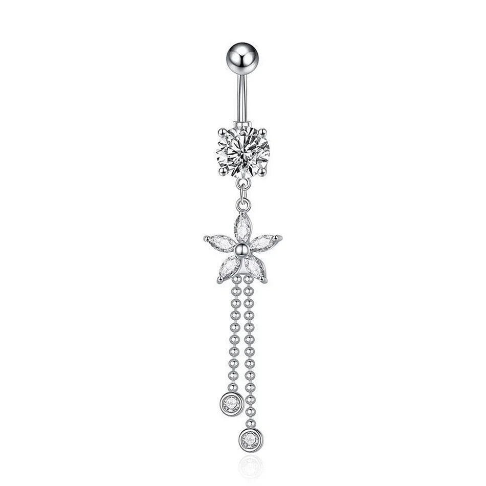 Piercing de nombril à filetage interne en titane – Bijou de nombril avec barre de piercing et pendentif décoratif. Orné d’une longue chaîne avec nœud, fleur ou papillon suspendu pour un look élégant et féminin.