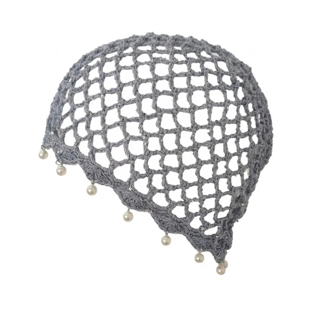 Bonnet en crochet ajouré tressé respirant avec perles et franges, style rétro, pour femme, été