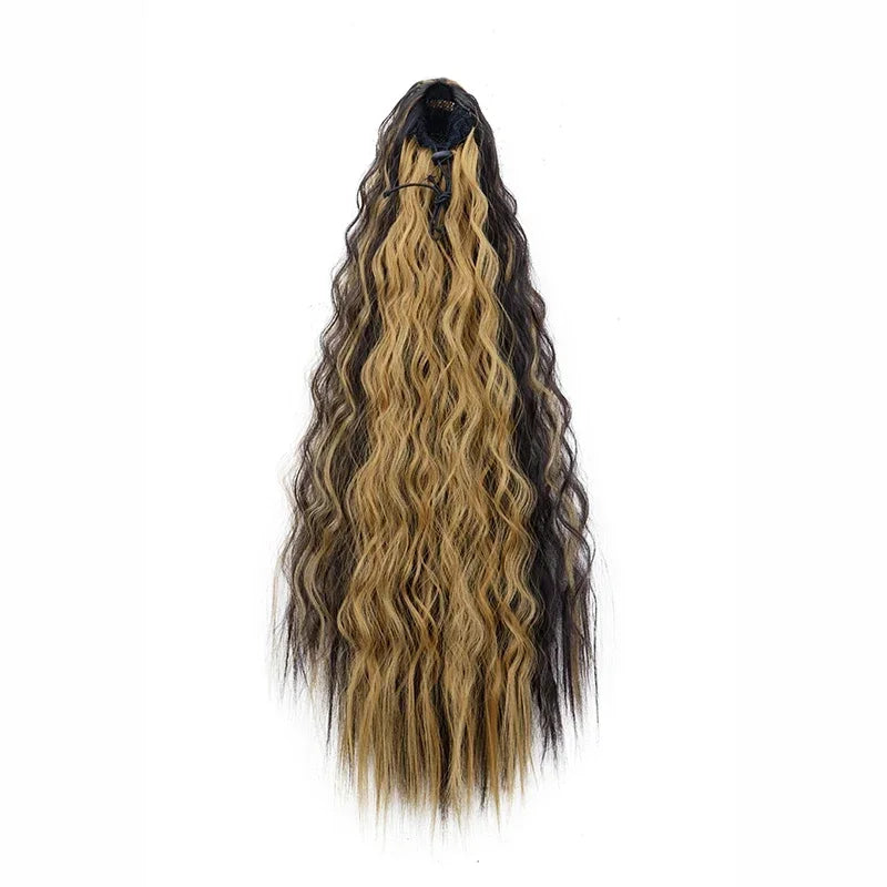 Queue de cheval synthétique longue et bouclée de 22 pouces, extension de cheveux à cordon de serrage, postiche noir à clipser pour femme