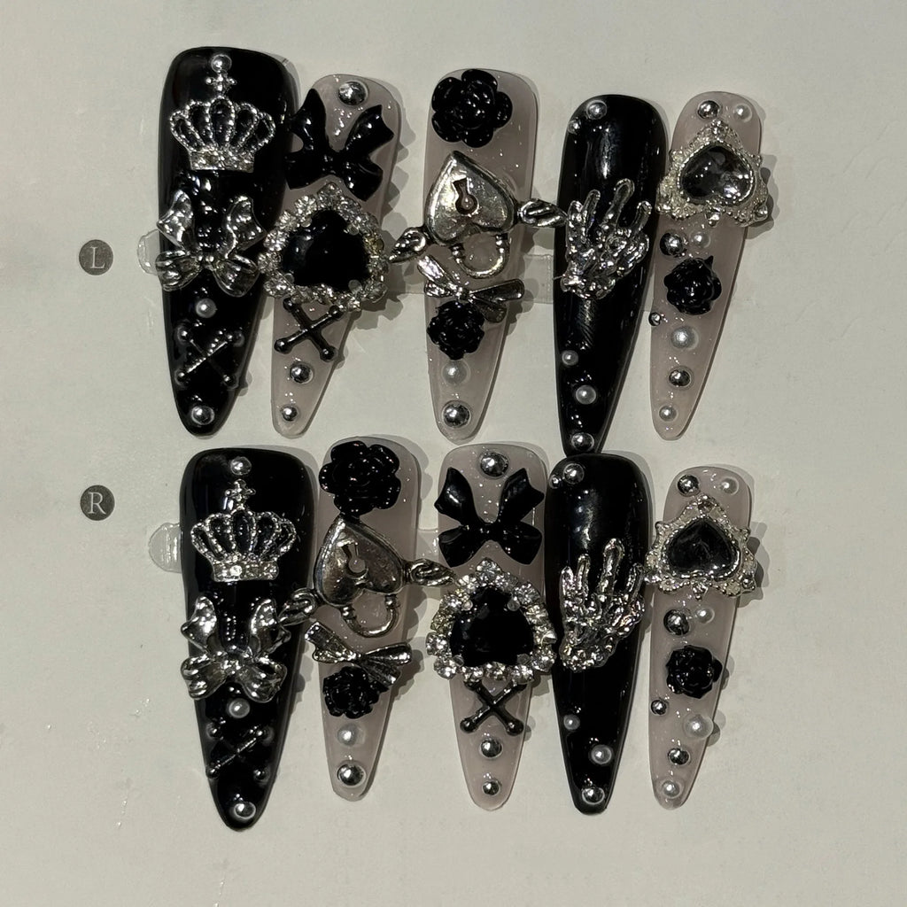 10 faux ongles longs stiletto roses avec nœud papillon, à presser, camélia blanc, détachables, avec strass scintillants pour nail art