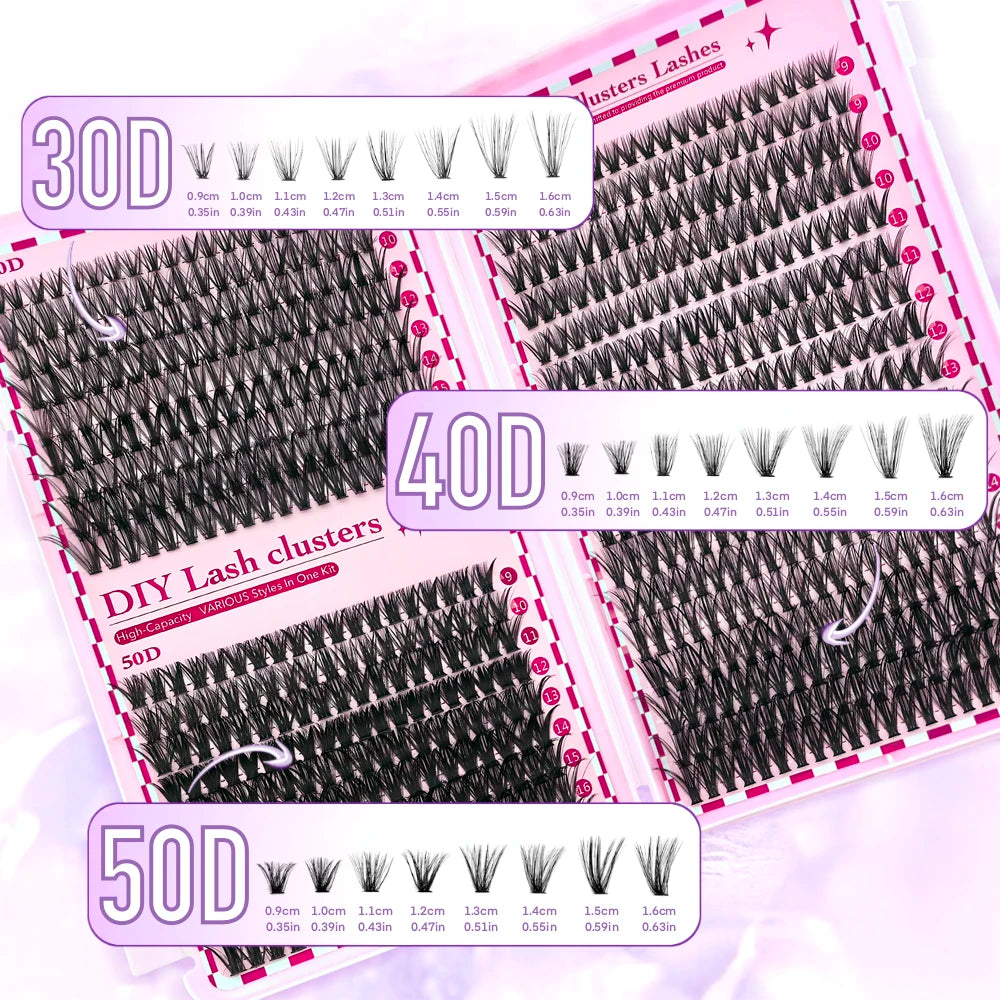 Kit d’extensions de cils DIY 700 pièces – Bouquets de cils 30D, 40D, 50D et 80D avec longueurs mixtes de 9 à 16 mm. Courbure D pour un regard plus ouvert et élégant.