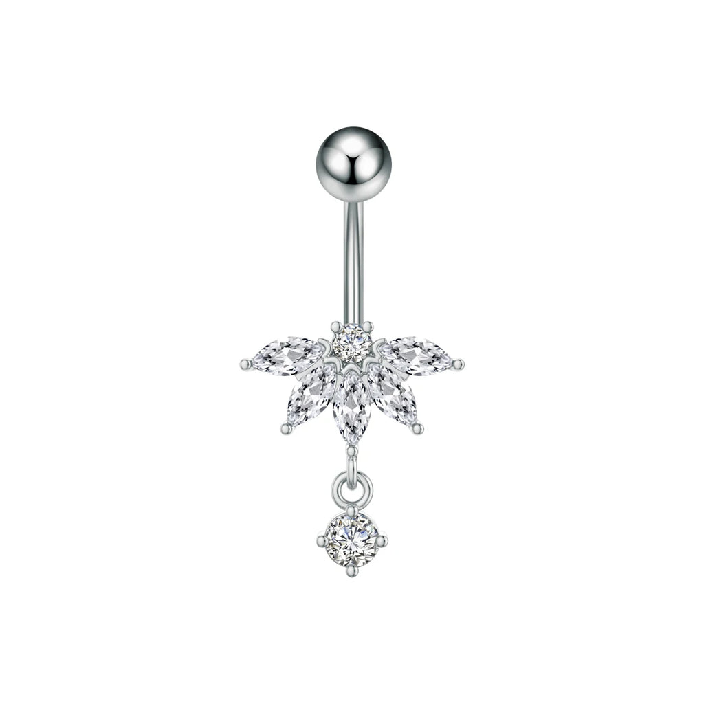 Anneaux de nombril incurvés 14G, cristaux CZ, corps Sexy, chaînes de nombril, fleur, Piercing de ventre, Umbigo, bijoux en acier inoxydable