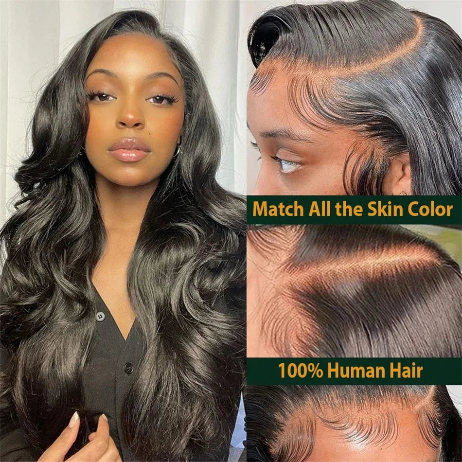 Perruque en cheveux humains Body Wave avec lace frontale HD transparente 13x6, disponible en 30 à 40 pouces. Perruque lace frontale HD 360° ou 13x4, pré-épilée avec une ligne de cheveux naturelle.