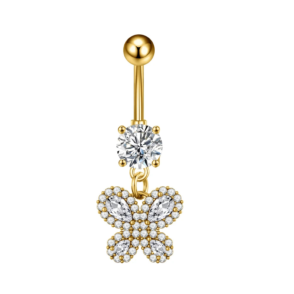 Anneaux de nombril série couleur or, carillon éolien, fleur pendante, cœur, anneau de ventre en acier inoxydable, bijoux de perçage de nombril, 1 pièce