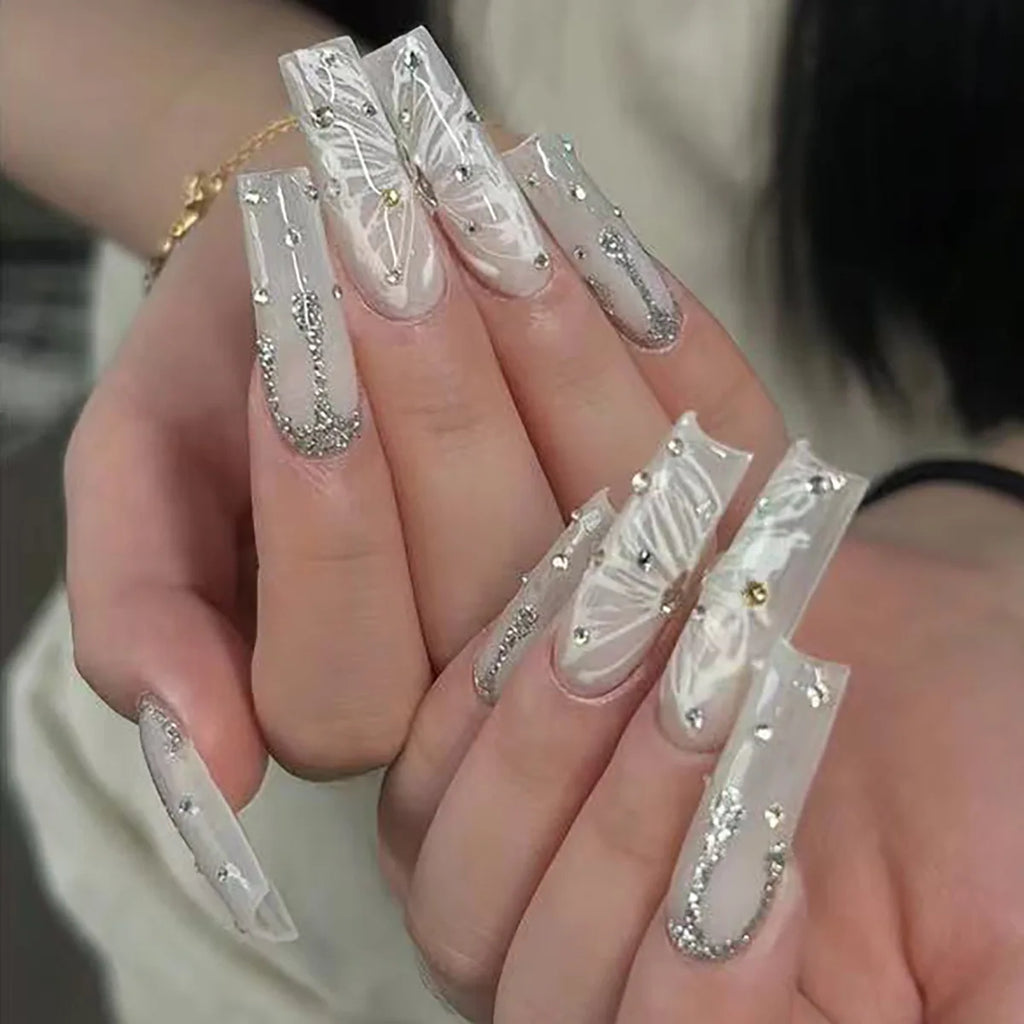24 faux ongles longs carrés à presser, motif léopard, design cerise 3D, strass, couvrance totale, prêts à poser