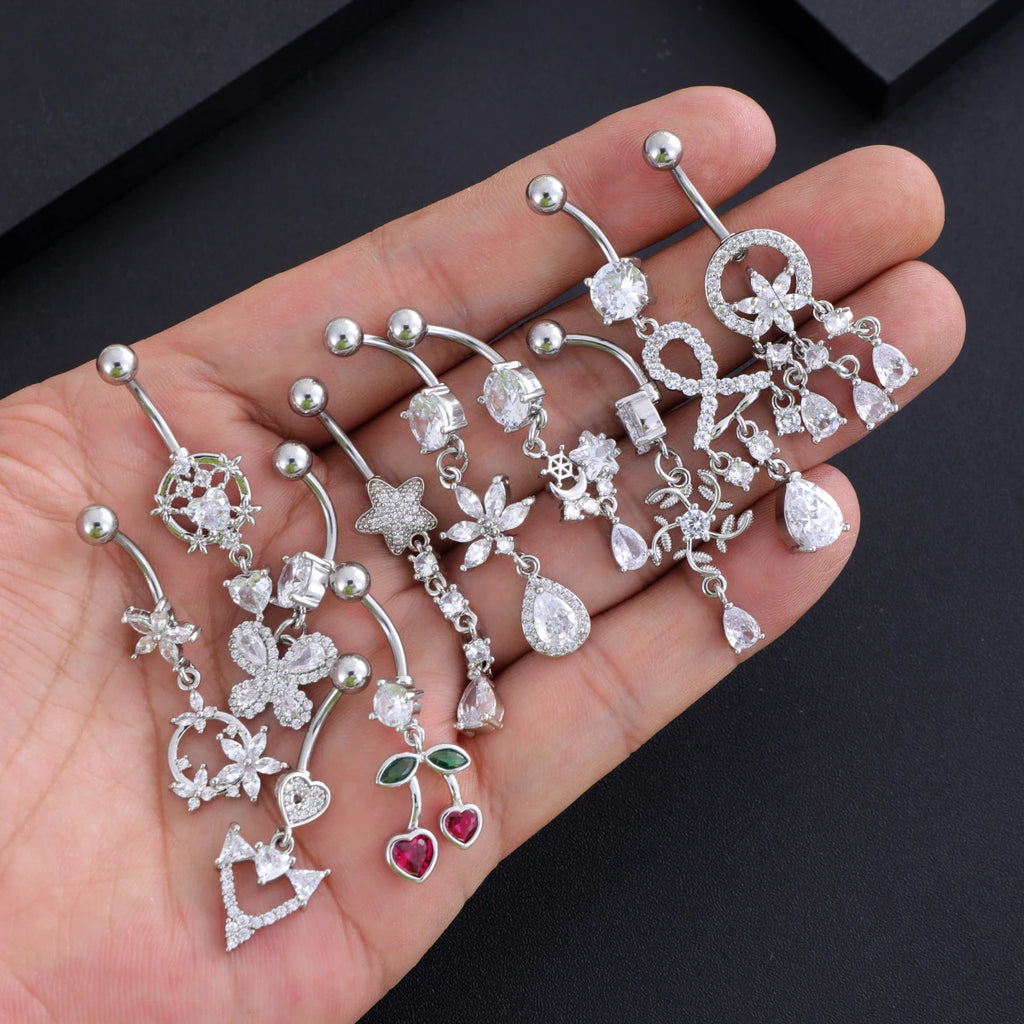 Anneaux de nombril série couleur or, carillon éolien, fleur pendante, cœur, anneau de ventre en acier inoxydable, bijoux de perçage de nombril, 1 pièce