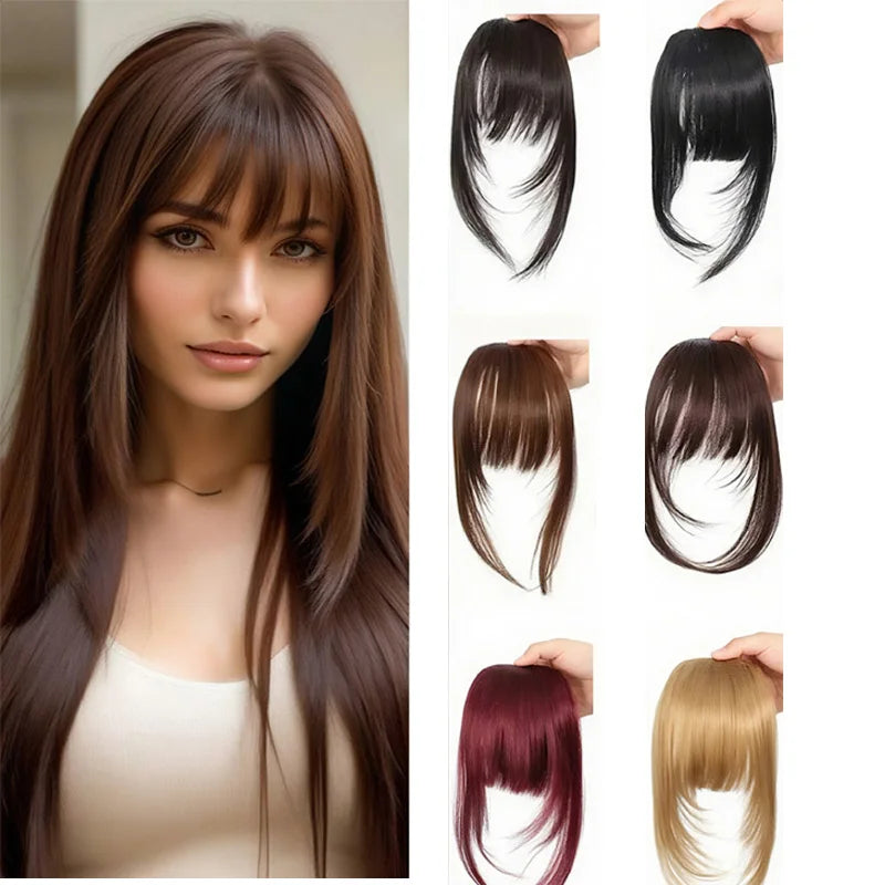 Frange à clipser en cheveux synthétiques, frange vaporeuse coupée avec favoris, aspect naturel marron foncé pour femmes, tenue de fête quotidienne
