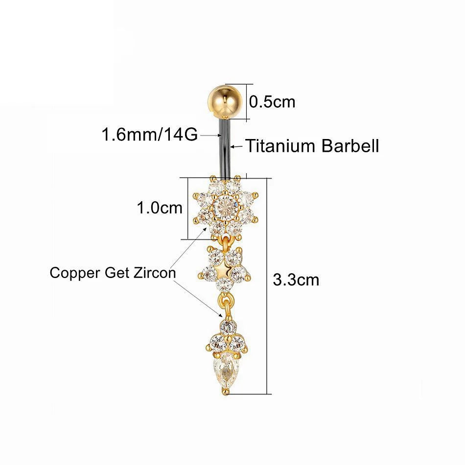 Bijou de nombril pour femme – piercing de ventre en acier inoxydable avec chaîne longue, pampilles et fleur pendante, accessoires de corps pour soirée et plage
