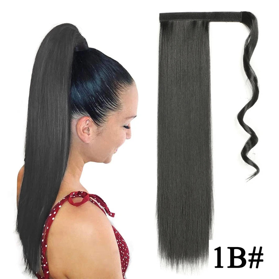 Queue de cheval synthétique longue et droite de 22 pouces, extension de cheveux à enrouler avec clip, résistante à la chaleur, postiche blond
