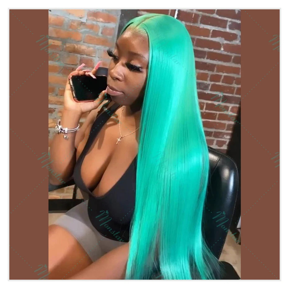 Perruque Verte 13x6 HD Lace Frontal – Cheveux Humains Vietnamiens Bruts Lisses Colorés pour Femme, Ligne Frontale Pré-Pluckée avec Baby Hair