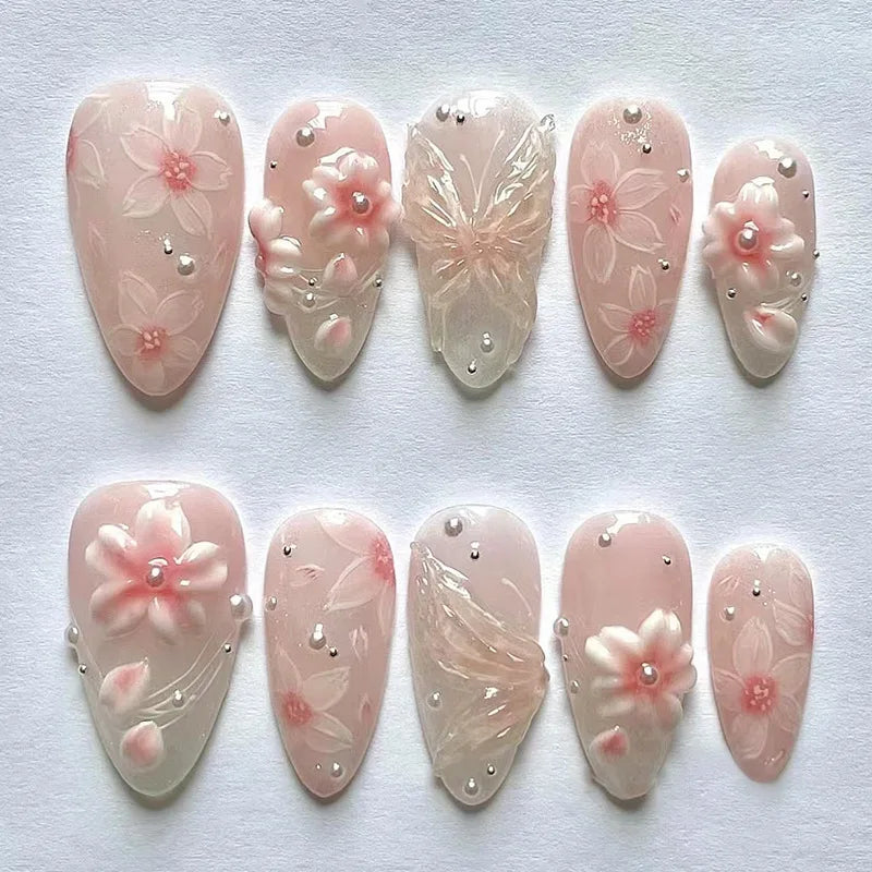 24 pièces mi-long doré amande ongles ensemble presse sur 3D fleur dégradé rose couverture complète faux ongles conseils perle réutilisable faux ongles