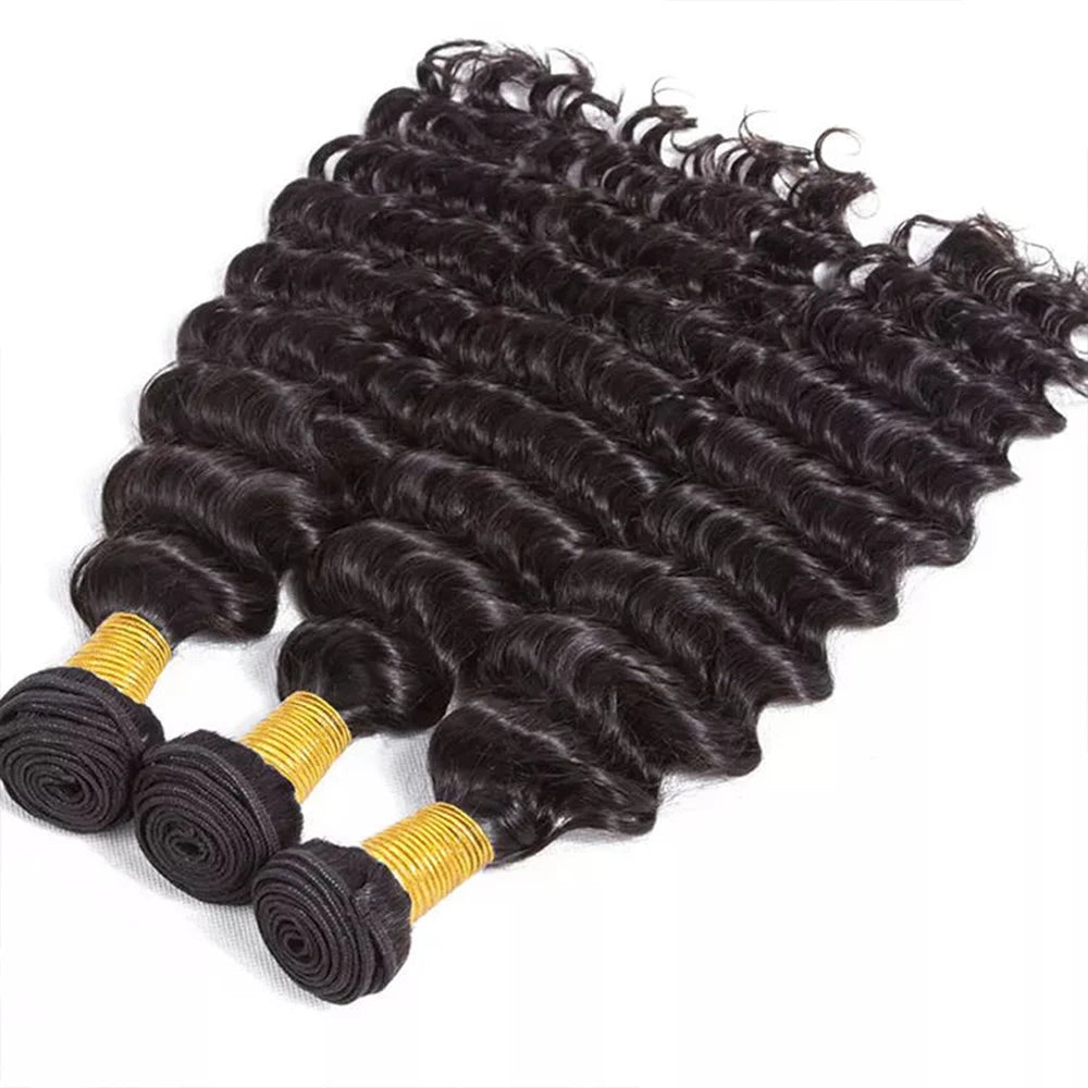 Extensions de cheveux brésiliens Remy, ondulés profonds, couleur naturelle, 38-40 pouces, non traités, 1/3/4 pièces