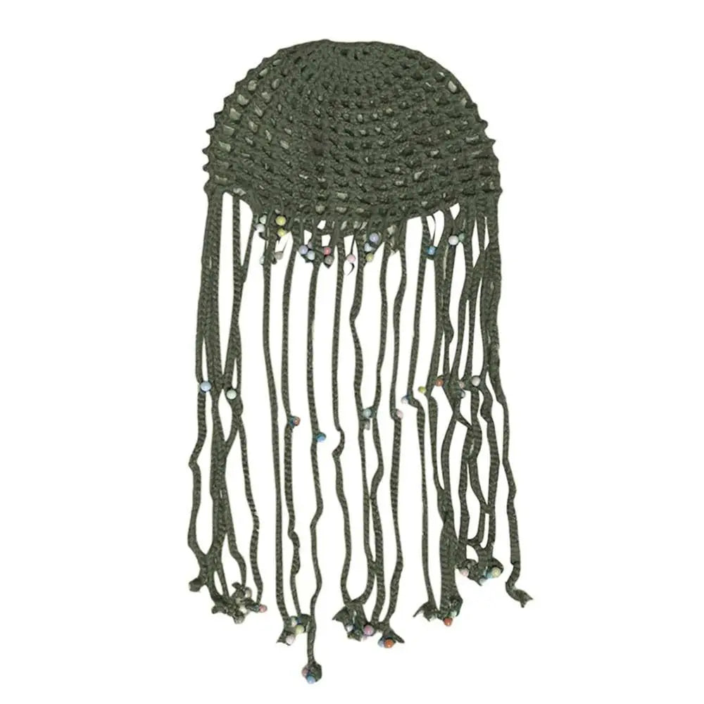 Chapeau tricoté ajouré respirant, béret Y2k fait à la main avec perles et pompons, chapeaux décontractés au Crochet pour femmes