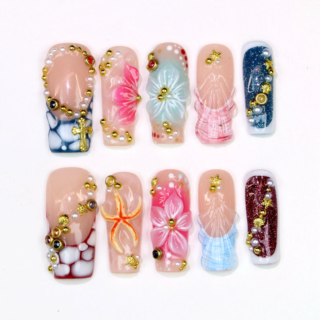 10 pièces 30mm 3D belle manucure faite à la main presse sur les ongles, faux fleurs peintes à la main en acrylique