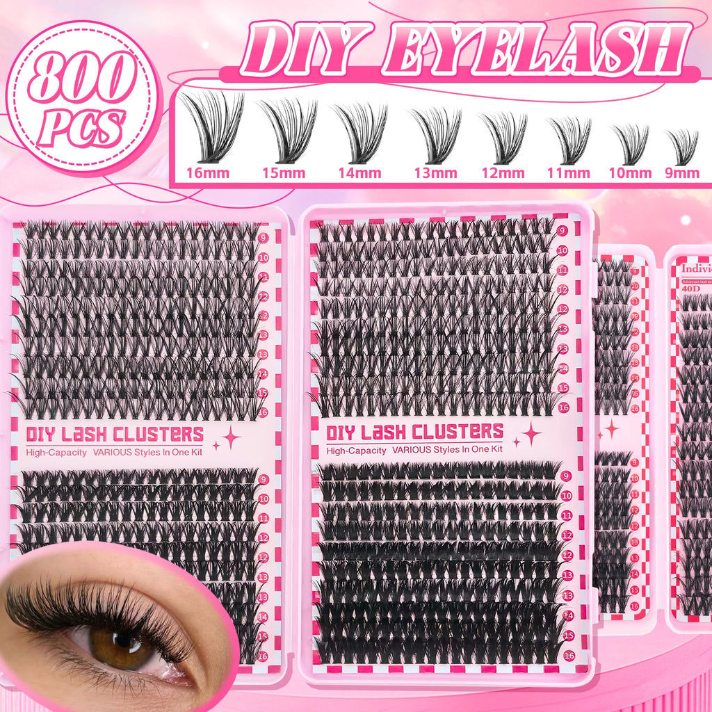 Kit de bouquets de faux cils 740/800 pièces – Longueurs mixtes pour extensions de cils ultra-légères et résistantes à l’eau. Permet de créer un look naturel pour le maquillage quotidien ou un effet glamour plus intense et sophistiqué.