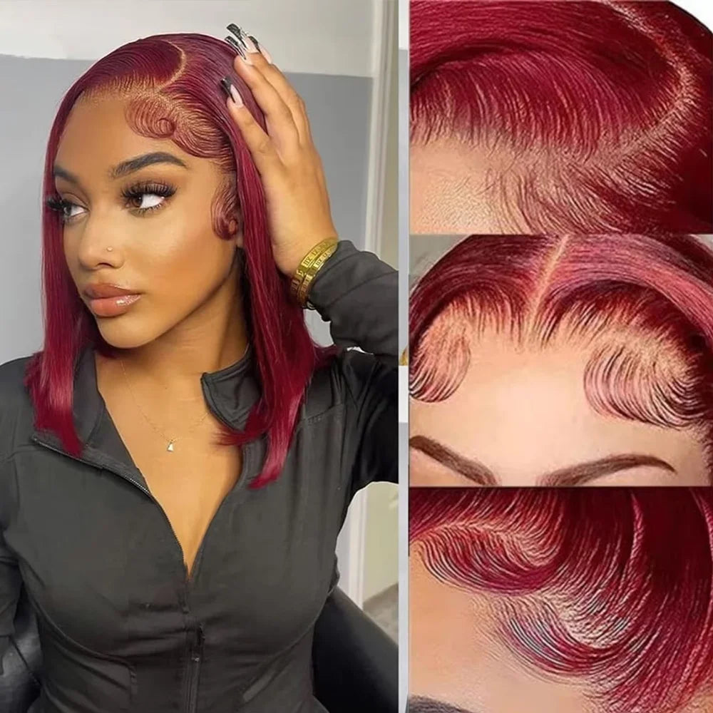 Perruques bob droites bordeaux 99J, prêtes à porter, sans colle, perruques en cheveux humains avec dentelle frontale 13x4, pré-coupées, sans colle, pour femmes, couleur rouge