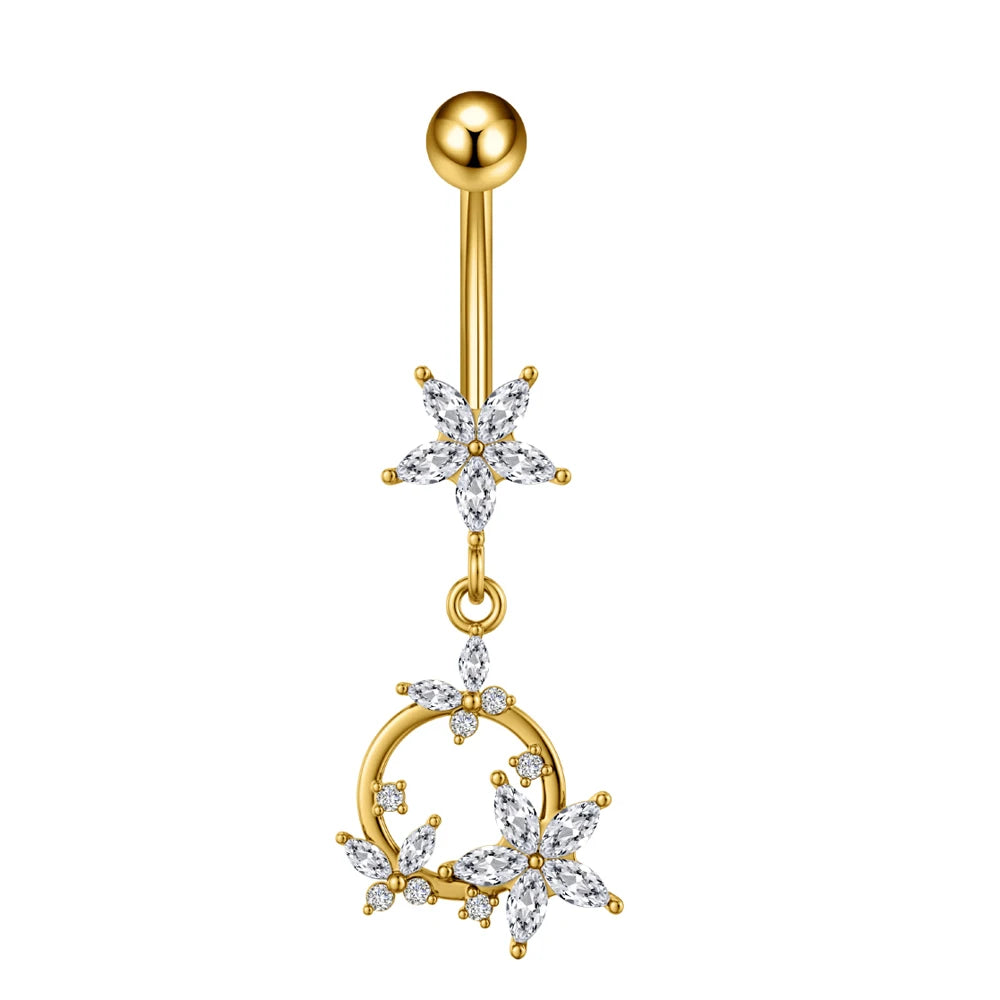 Anneaux de nombril série couleur or, carillon éolien, fleur pendante, cœur, anneau de ventre en acier inoxydable, bijoux de perçage de nombril, 1 pièce