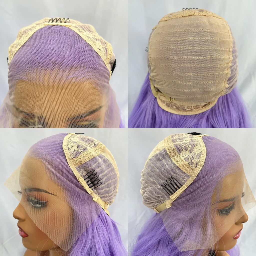 Perruque synthétique longue avec lace frontale 13x4 et raie libre (Free Part). Sa couleur lavande violet clair et ses ondulations naturelles apportent un style original et élégant.