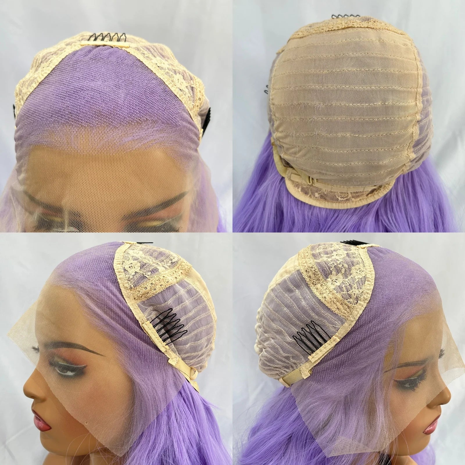 Perruque synthétique longue avec lace frontale 13x4 et raie libre (Free Part). Sa couleur lavande violet clair et ses ondulations naturelles apportent un style original et élégant.