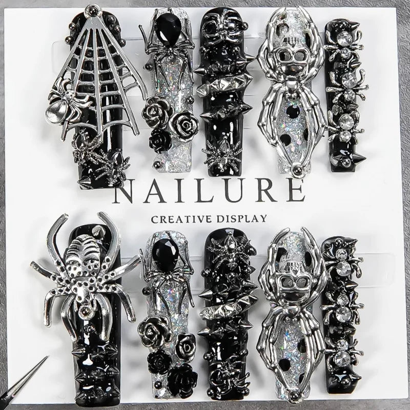 Faux ongles gothiques foncés faits à la main, motif crâne d'araignée, résistants, longs et détachables, style gothique