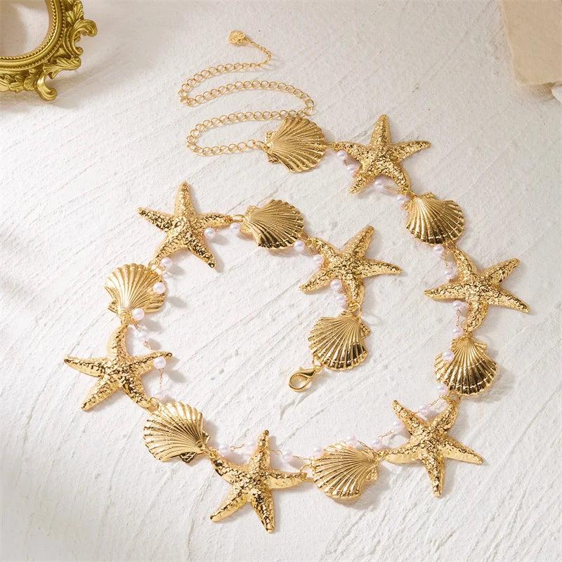 Chaîne de taille bohème en métal avec étoile de mer et coquillages pour femmes et filles, chaîne de ventre perlée sexy pour l'été, la plage, le bikini, les fêtes et les vacances