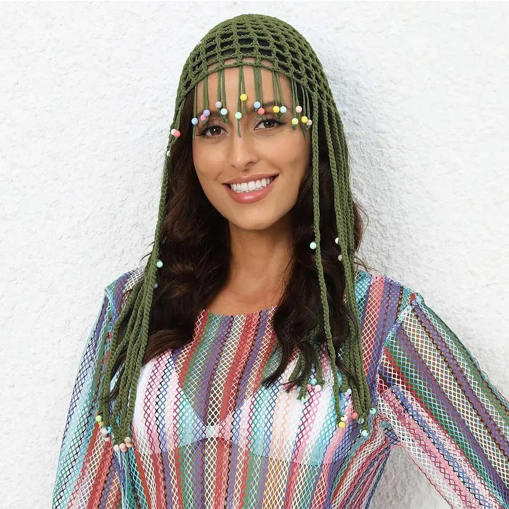Chapeau tricoté ajouré respirant, béret Y2k fait à la main avec perles et pompons, chapeaux décontractés au Crochet pour femmes