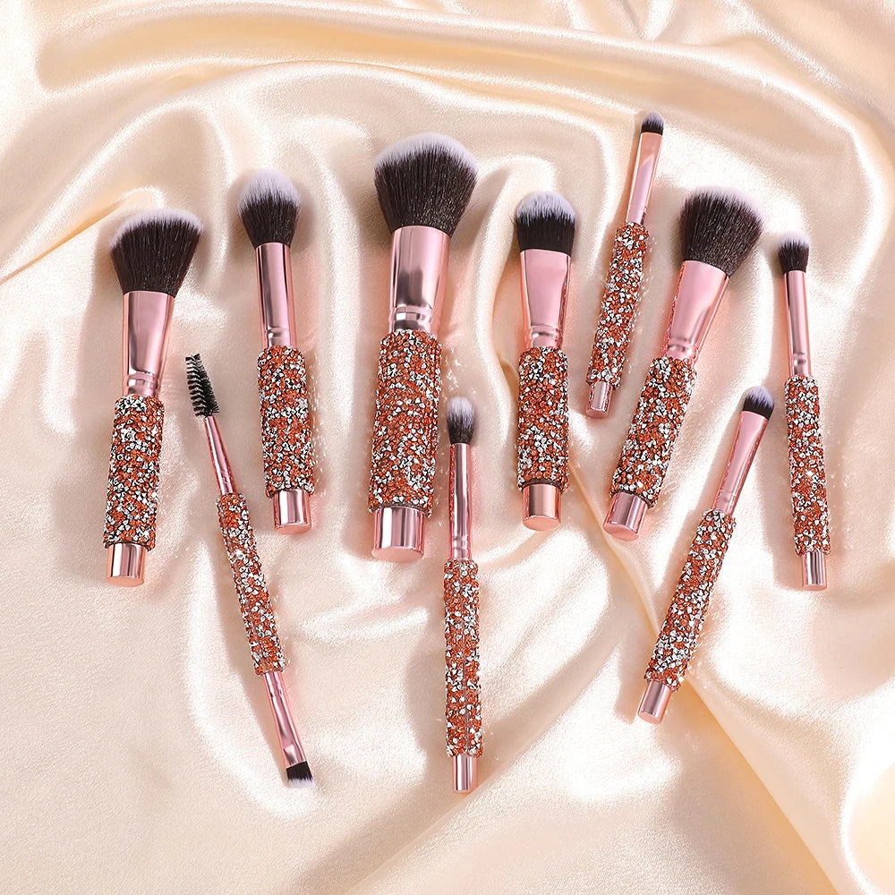 Ensemble de 5/10 pinceaux de maquillage de luxe incrustés de strass avec sac en PU rose gold, outils de beauté portables pour femmes