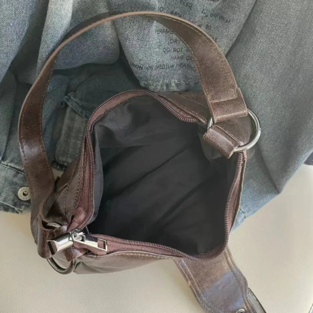Sac à bandoulière en cuir vintage style Maillard rétro, petit sac tendance Y2K style Wasteland pour femme, collection Printemps 2026