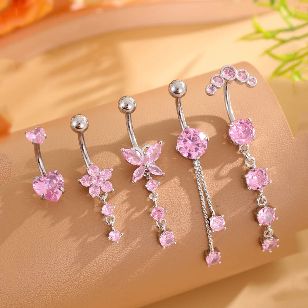 3-5 pièces ensembles de styles mixtes coeur fleur balancent nombril anneaux en acier inoxydable papillon incurvé Zircon ventre Piercing nombril anneau