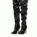 Bottes pour femmes au-dessus du genou, talons hauts, cuir verni, unies, bout pointu, talon aiguille, fermeture éclair latérale, chaussures féminines.