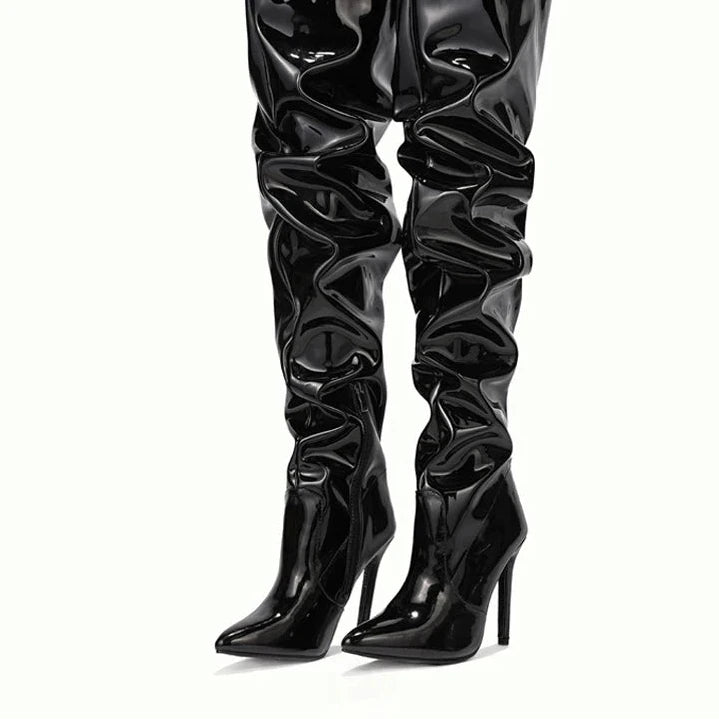 Bottes pour femmes au-dessus du genou, talons hauts, cuir verni, unies, bout pointu, talon aiguille, fermeture éclair latérale, chaussures féminines.
