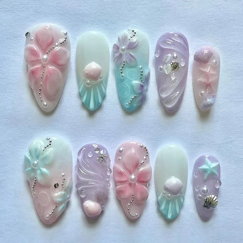 24 pièces mi-long doré amande ongles ensemble presse sur 3D fleur dégradé rose couverture complète faux ongles conseils perle réutilisable faux ongles