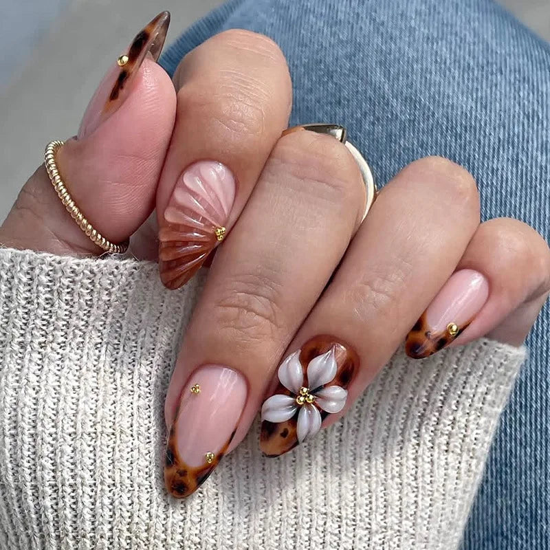 24 pièces mi-long doré amande ongles ensemble presse sur 3D fleur dégradé rose couverture complète faux ongles conseils perle réutilisable faux ongles