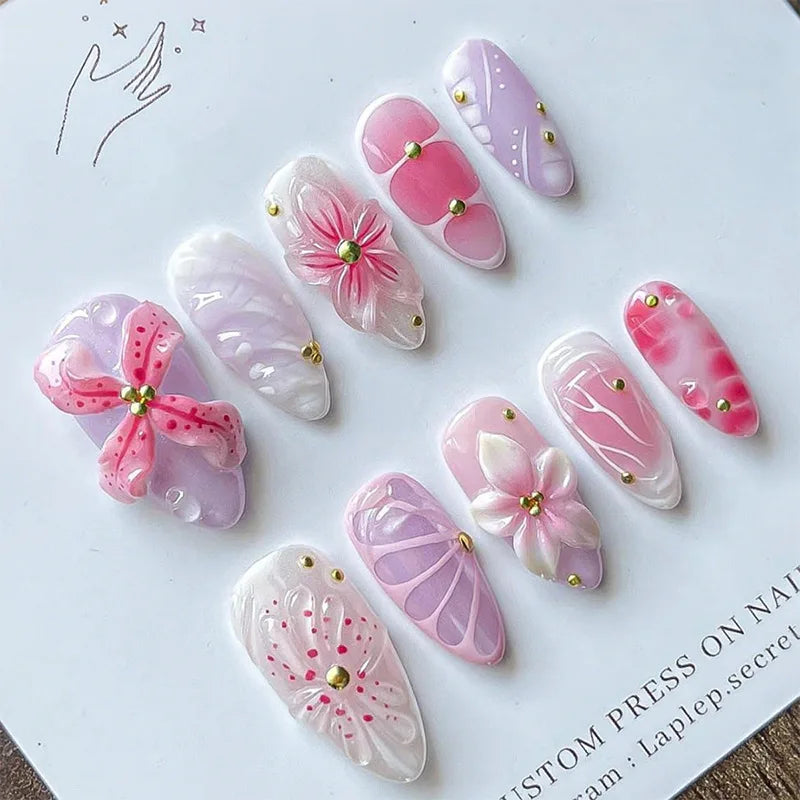 24 pièces mi-long doré amande ongles ensemble presse sur 3D fleur dégradé rose couverture complète faux ongles conseils perle réutilisable faux ongles