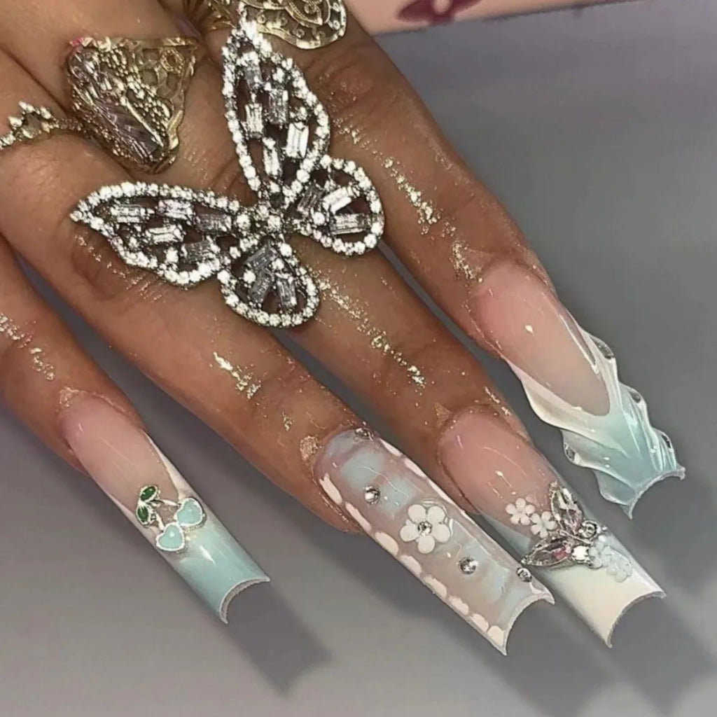 24 pièces – faux ongles longs carrés style français, design cœur 3D, ongles press-on avec strass, motif décoratif, faux ongles portables pour nail art