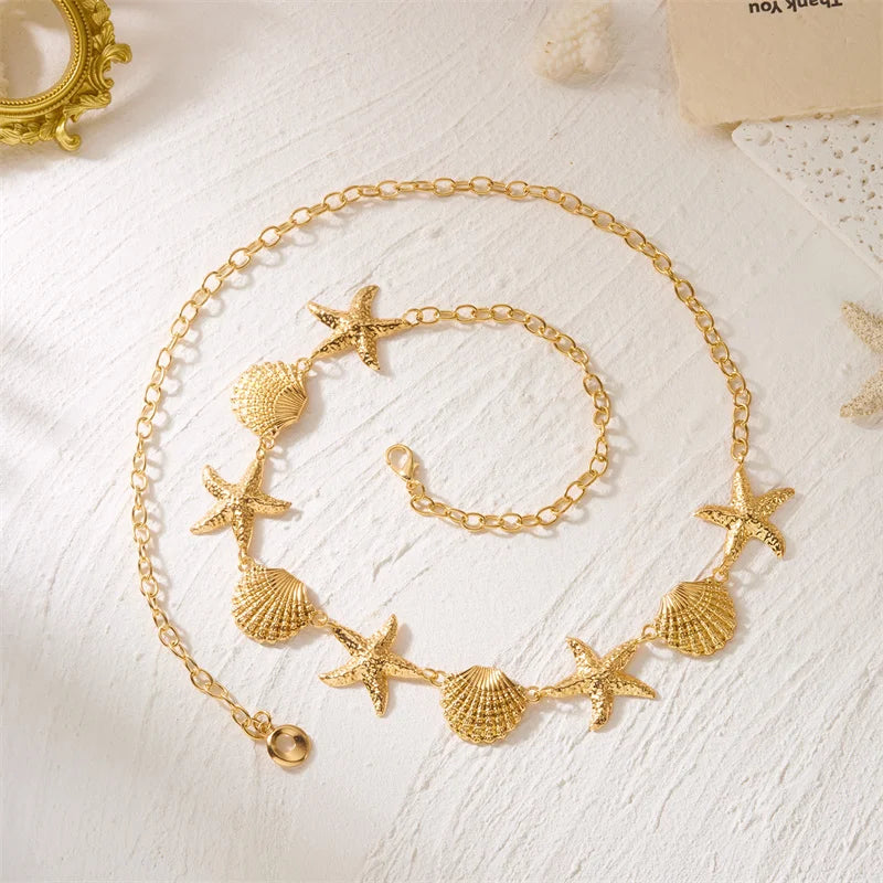 Chaîne de taille bohème en métal avec étoile de mer et coquillages pour femmes et filles, chaîne de ventre perlée sexy pour l'été, la plage, le bikini, les fêtes et les vacances