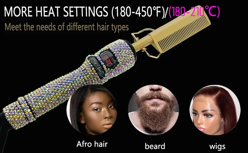 Peigne chauffant électrique lissant, spécialement conçu pour les cheveux texturés, crépus et afro. Idéal pour lisser, coiffer et mettre en forme les cheveux rapidement.