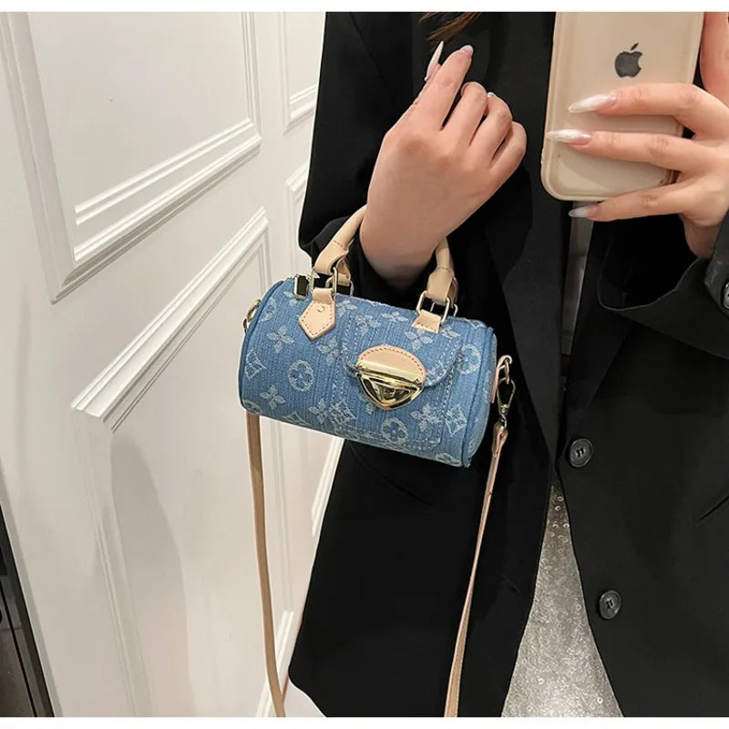 Sacs en jean tendance pour femmes, sacs bandoulière élégants et polyvalents, sacs à main cylindriques ronds à la mode