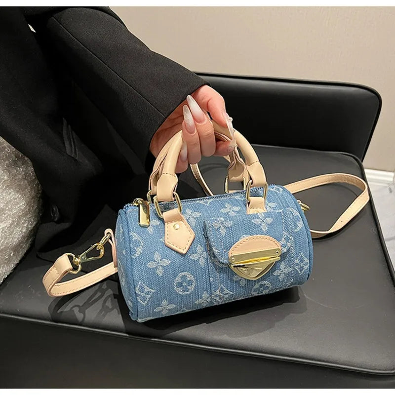 Sacs en jean tendance pour femmes, sacs bandoulière élégants et polyvalents, sacs à main cylindriques ronds à la mode