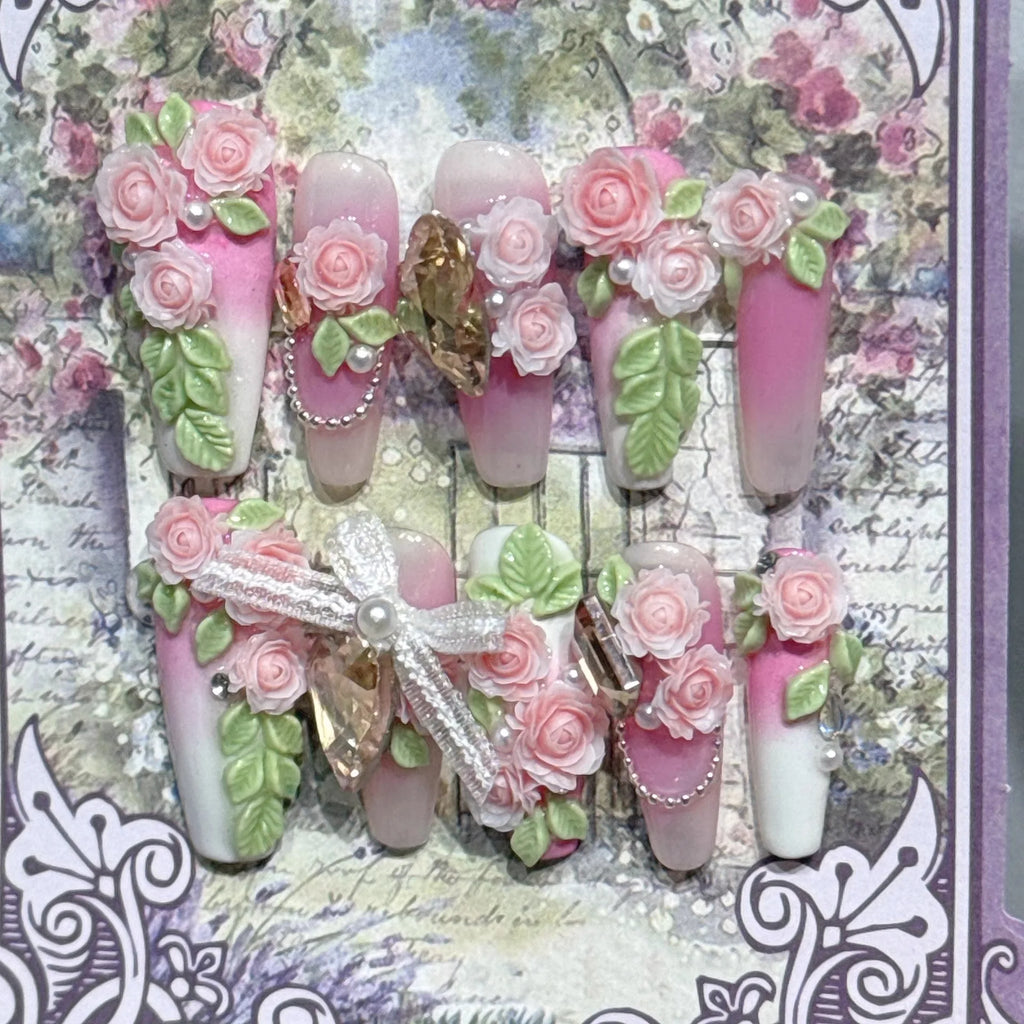 Romantique Floral 3D presse sur ongles à la main Roses feuilles perles arcs mariée mariage Nail Art faux ongles colle sur les ongles pour les femmes