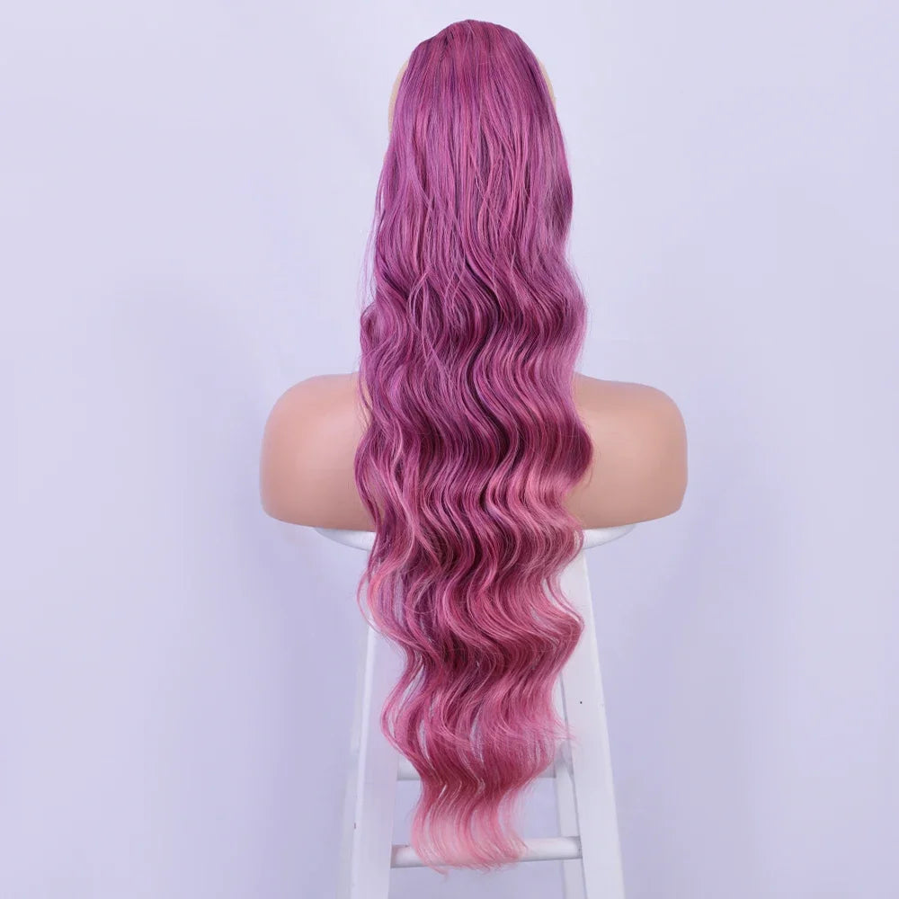 Extension de Cheveux Queue de Cheval Ondulée pour Femme, 24 Pouces, Longue Ondulation, Proximité Wstring, réinitialisation en Queue de Cheval Rouge, Fausse Queue de Cheval, Postiche