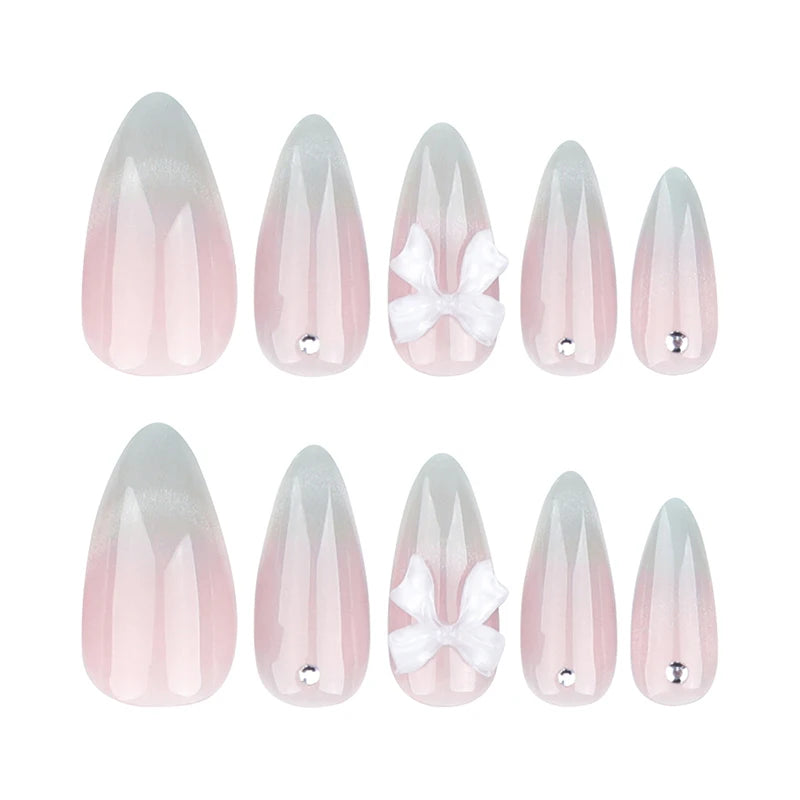 24 pièces doux oeil de chat français presse sur ongles diamant pointu tridimensionnel nœud papillon portable ongles pour femmes et fille amande ongles