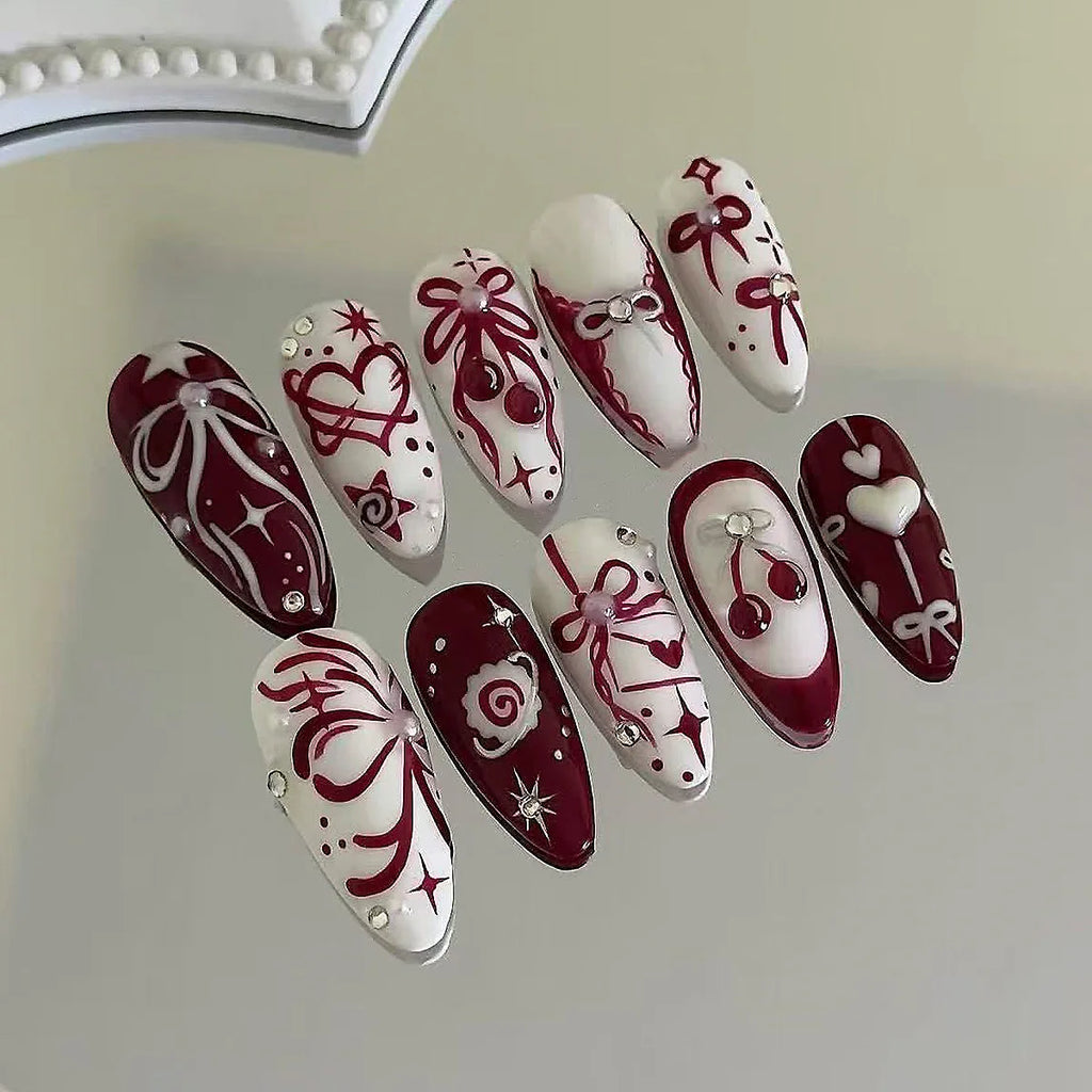 24 pièces arc faux ongles blanc français Long Stiletto faux ongles pointe fleur perle conception amande presse sur ongles acrylique couverture complète ongles